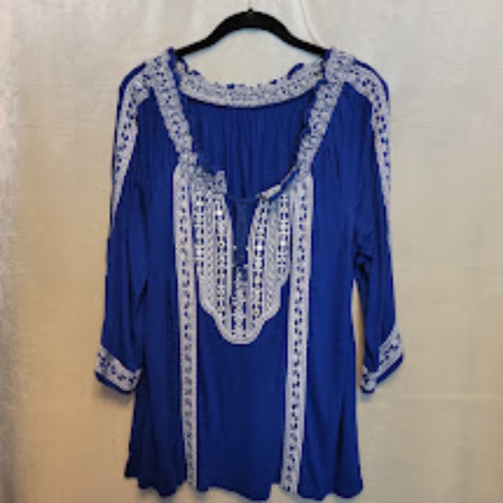 INC Blue Embroidered Cold-Shoulder Top with Open Bell Sleeves - Sz. XL - Picture 3 of 10